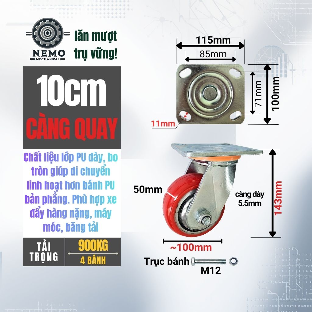 Bánh Xe PU Bo Tròn Tải Nặng – Kiểu Hàn Quốc, Xoay Hướng Linh Hoạt (D100 - D200)